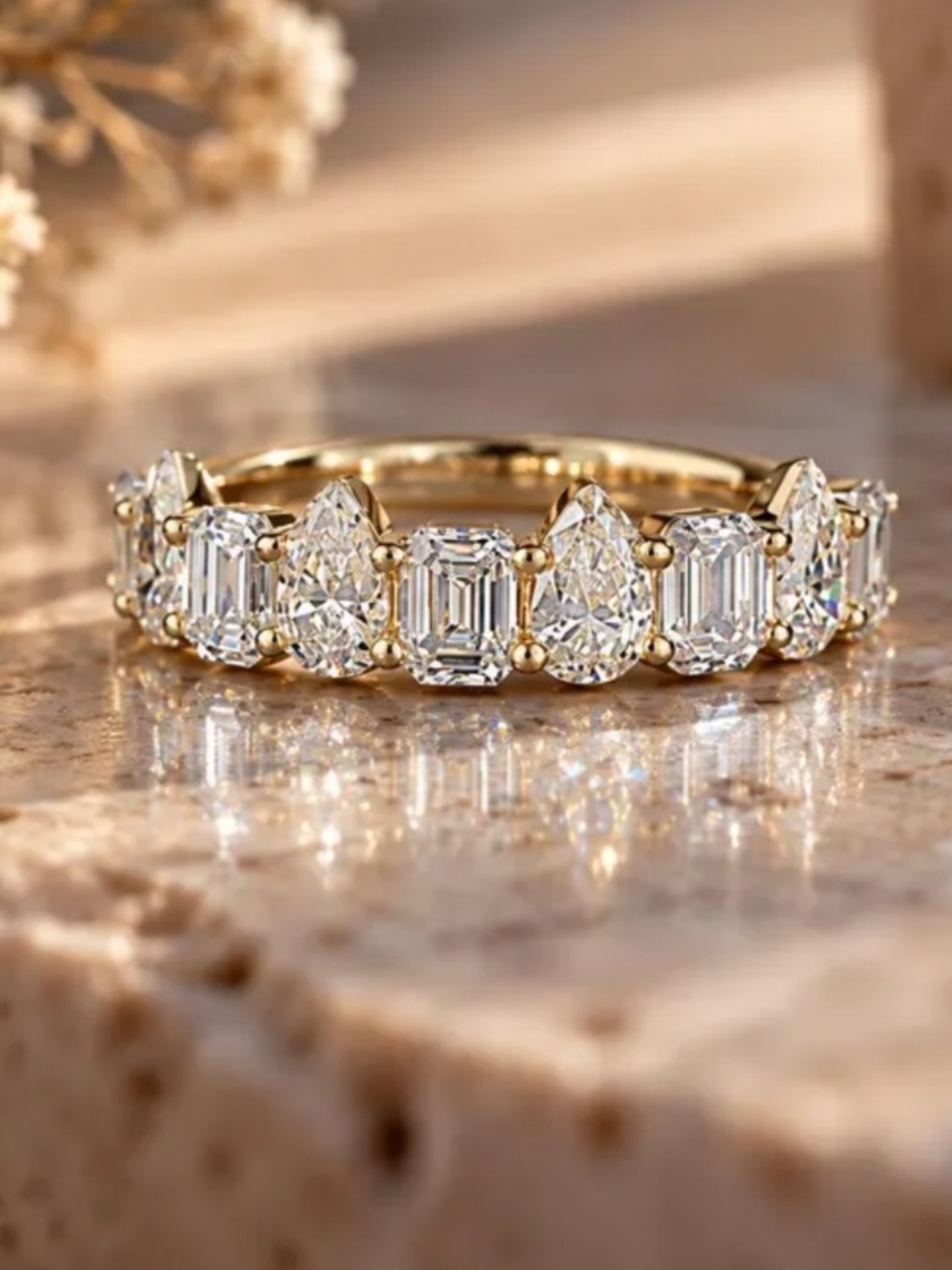 New Emerald & Pear Cut Lab Diamond Half Eternity Band Size 7